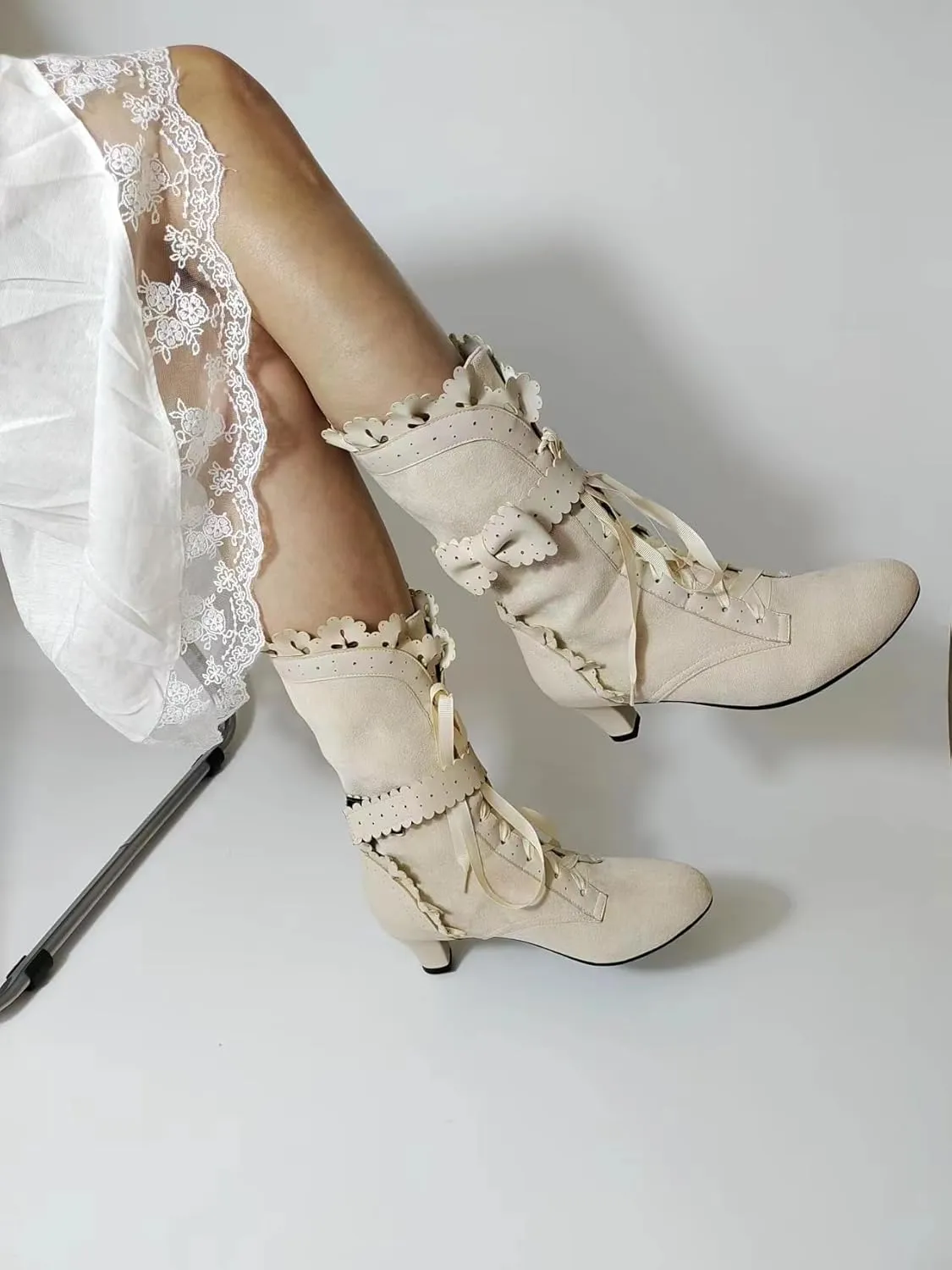 Women Sweet Bow-knot Boots Mid Heels Lace Up Medieval Renaissance Victorian Boots Cosplay Mid-Calf Kawaii Boot with Ruffles