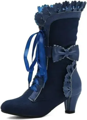 Women Sweet Bow-knot Boots Mid Heels Lace Up Medieval Renaissance Victorian Boots Cosplay Mid-Calf Kawaii Boot with Ruffles