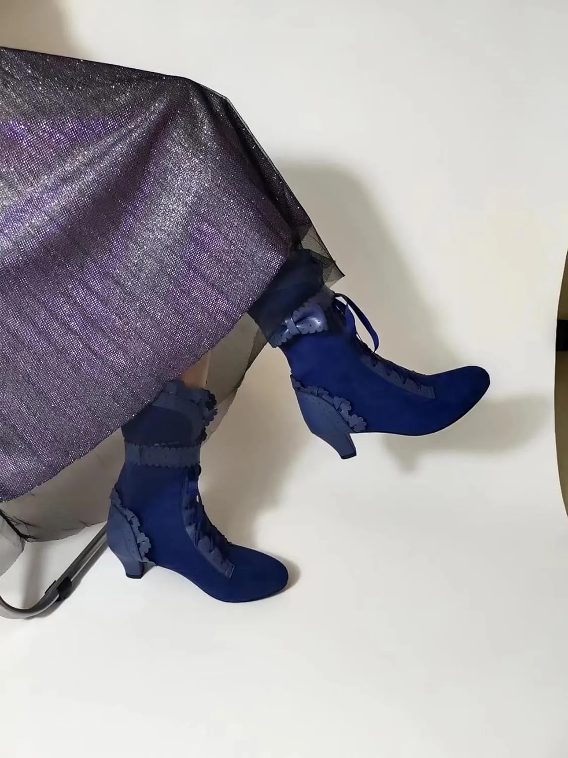 Women Sweet Bow-knot Boots Mid Heels Lace Up Medieval Renaissance Victorian Boots Cosplay Mid-Calf Kawaii Boot with Ruffles
