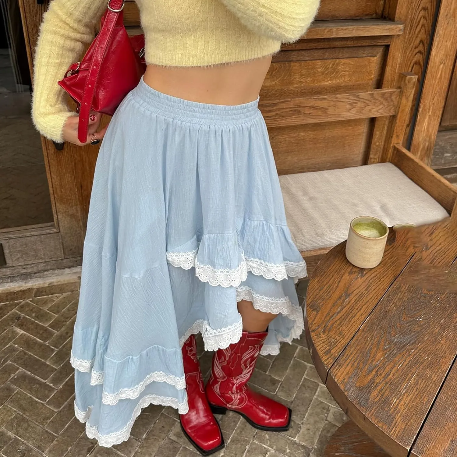 Women Vintage Steampunk Asymmetrical Lace Patchwork Midi Skirt Renaissance Y2k Flowy Fairy Layered Cosplay Costume