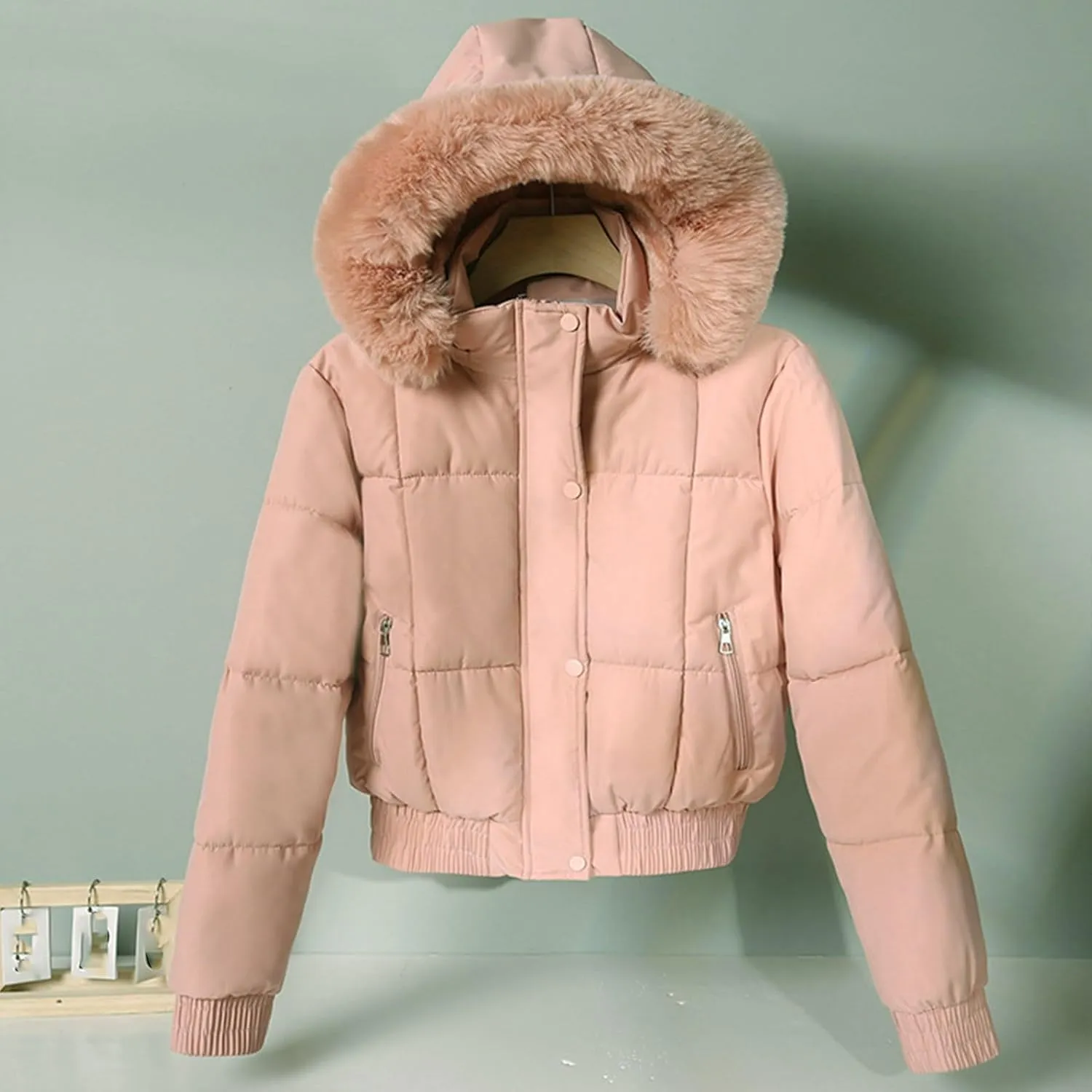 Women Winter Jacket Thicken Fleece Lined Puffer Jacket Long Sleeve Zip Up Warm Winter Coats with Fleece Hood