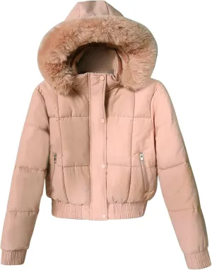 Women Winter Jacket Thicken Fleece Lined Puffer Jacket Long Sleeve Zip Up Warm Winter Coats with Fleece Hood