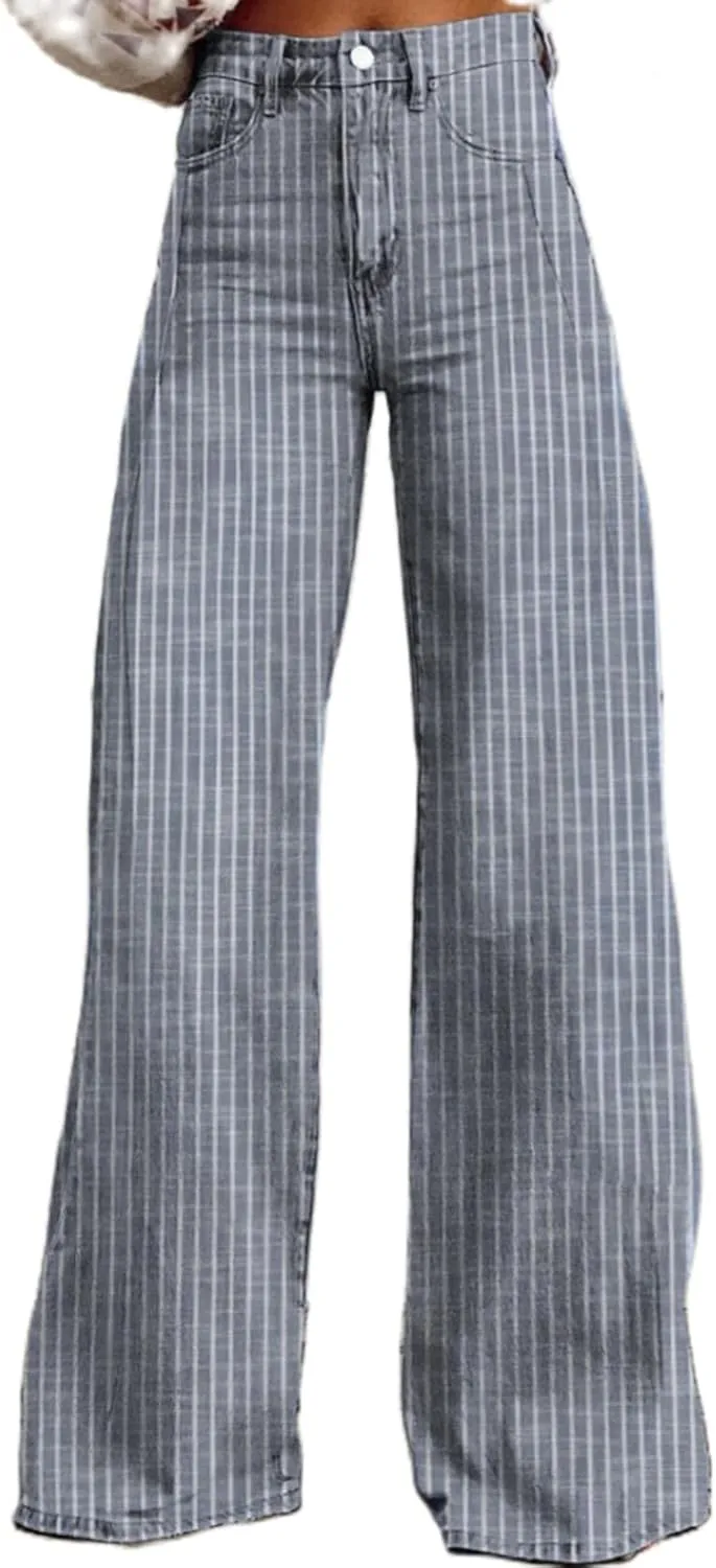 Women Y2k Striped High Rise Jeans Vintage Straight Wide Leg Baggy Boyfriend Bootcut Jeans Denim Pants with Pockets