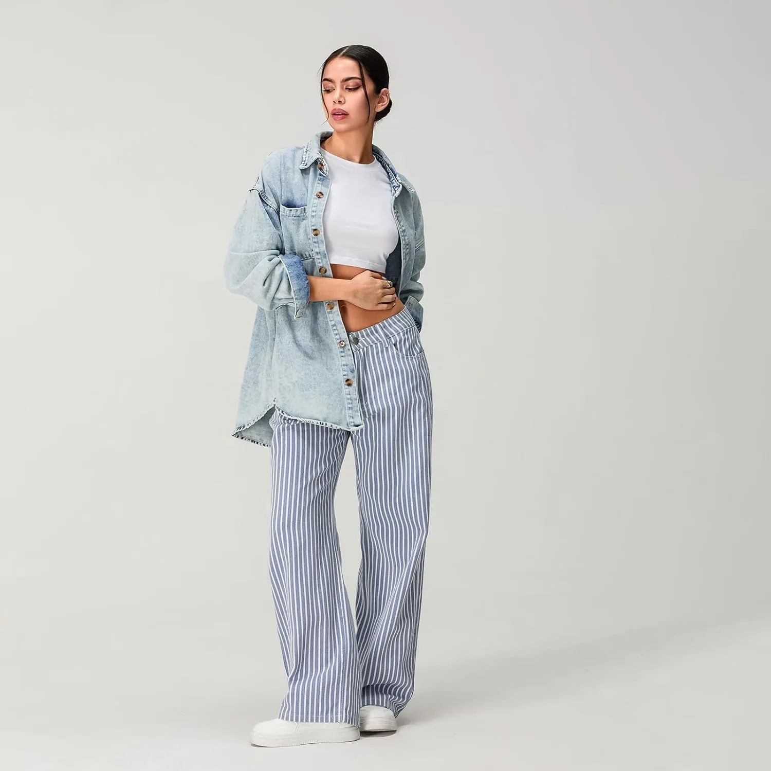 Women Y2k Striped High Rise Jeans Vintage Straight Wide Leg Baggy Boyfriend Bootcut Jeans Denim Pants with Pockets