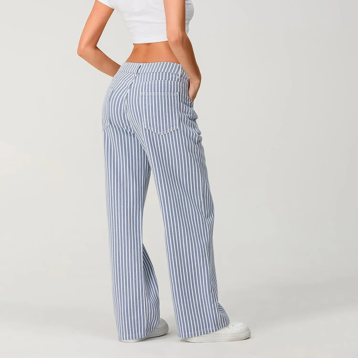 Women Y2k Striped High Rise Jeans Vintage Straight Wide Leg Baggy Boyfriend Bootcut Jeans Denim Pants with Pockets