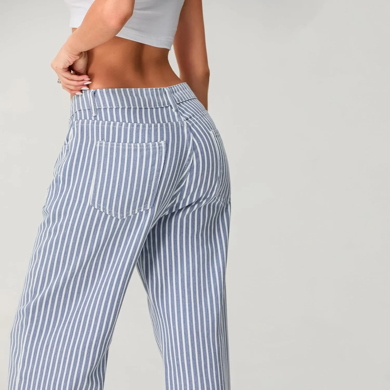Women Y2k Striped High Rise Jeans Vintage Straight Wide Leg Baggy Boyfriend Bootcut Jeans Denim Pants with Pockets