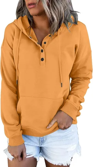 Womens 2024 Hooded Button Collar Drawstring Hoodies Pullover Sweatshirts Casual Long Sleeve Tops Shirts