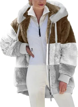 Womens 2024 Winter Fuzzy Fleece Jacket Fur Fluffy Hooded Jacket Coat Color Block Patchwork Coats Warm Overcoat Outwear