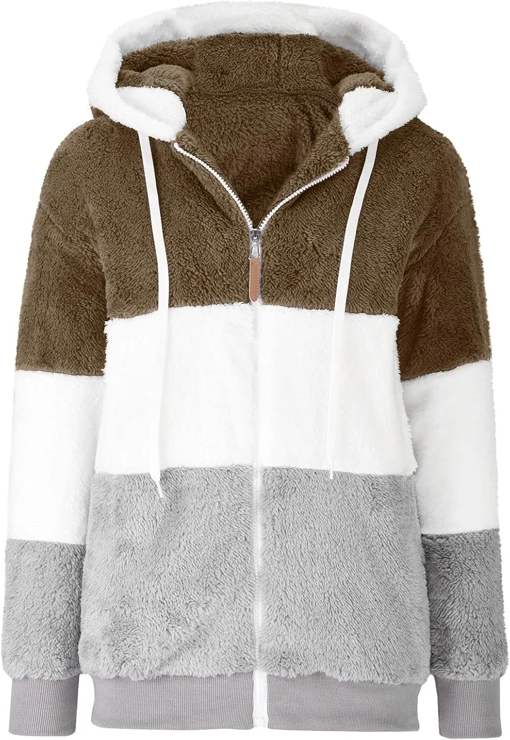 Womens 2024 Winter Fuzzy Fleece Jacket Fur Fluffy Hooded Jacket Coat Color Block Patchwork Coats Warm Overcoat Outwear