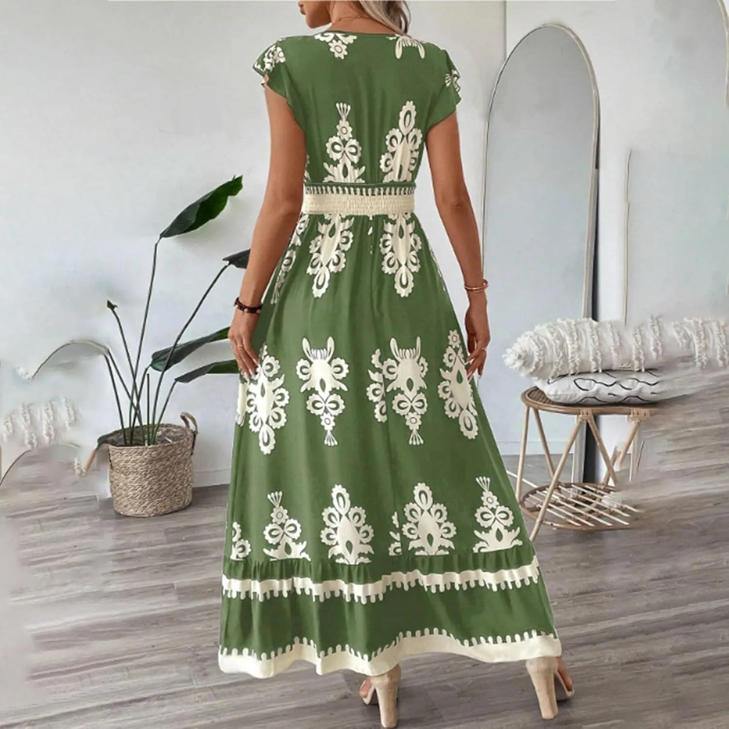 Womens 2025 Summer Casual V Neck Boho Maxi Dress Flowy Aline Bell Sleeve Tiered Floral Dresses with Pocket