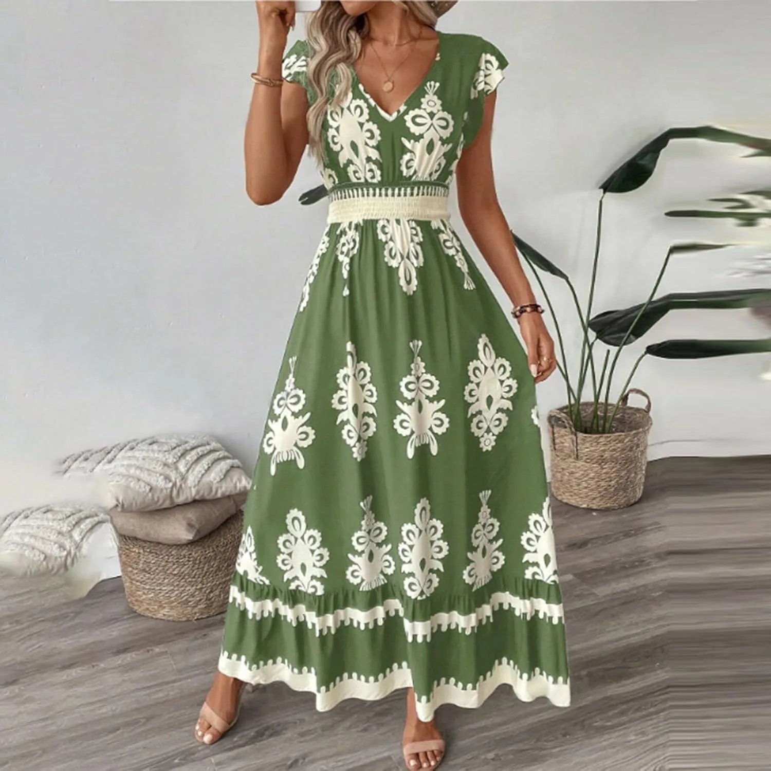 Womens 2025 Summer Casual V Neck Boho Maxi Dress Flowy Aline Bell Sleeve Tiered Floral Dresses with Pocket