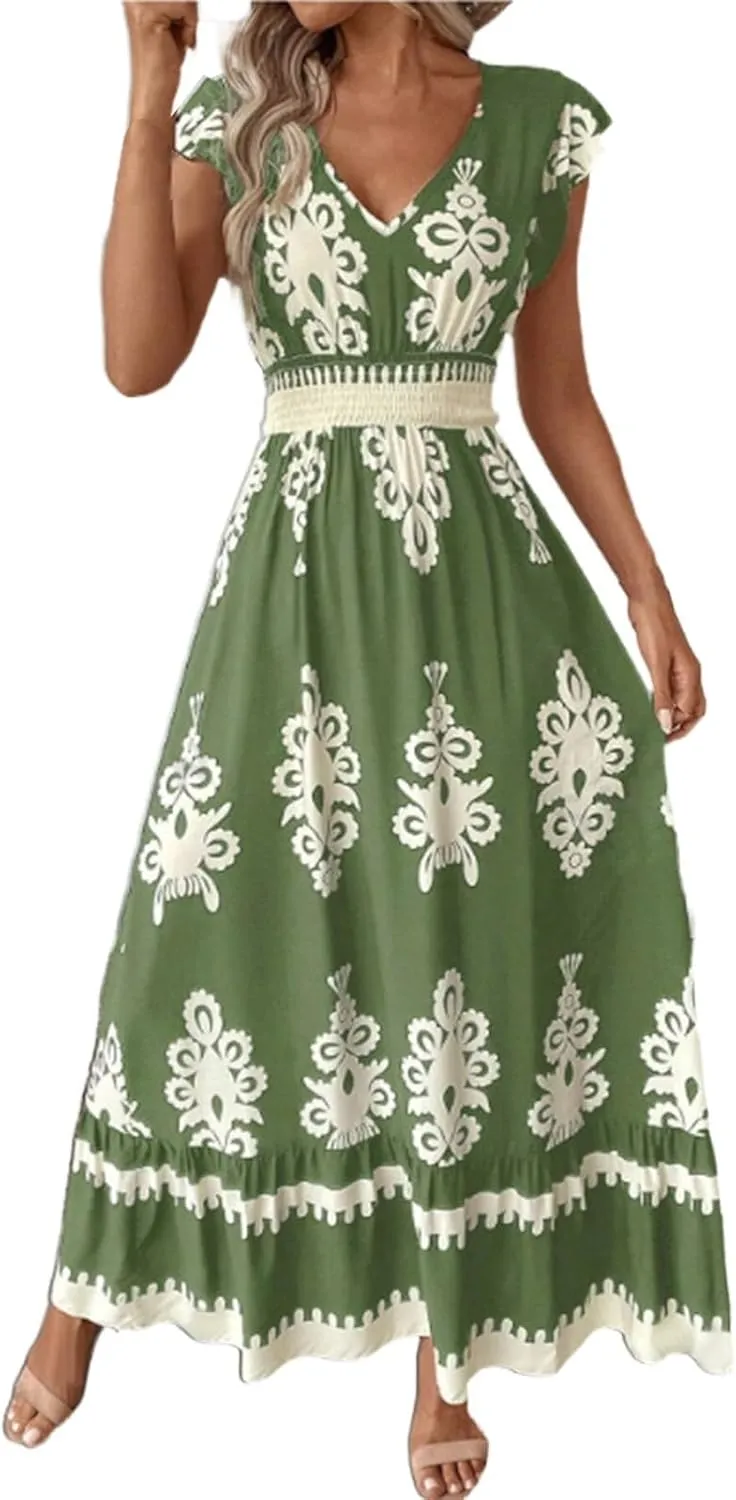 Womens 2025 Summer Casual V Neck Boho Maxi Dress Flowy Aline Bell Sleeve Tiered Floral Dresses with Pocket