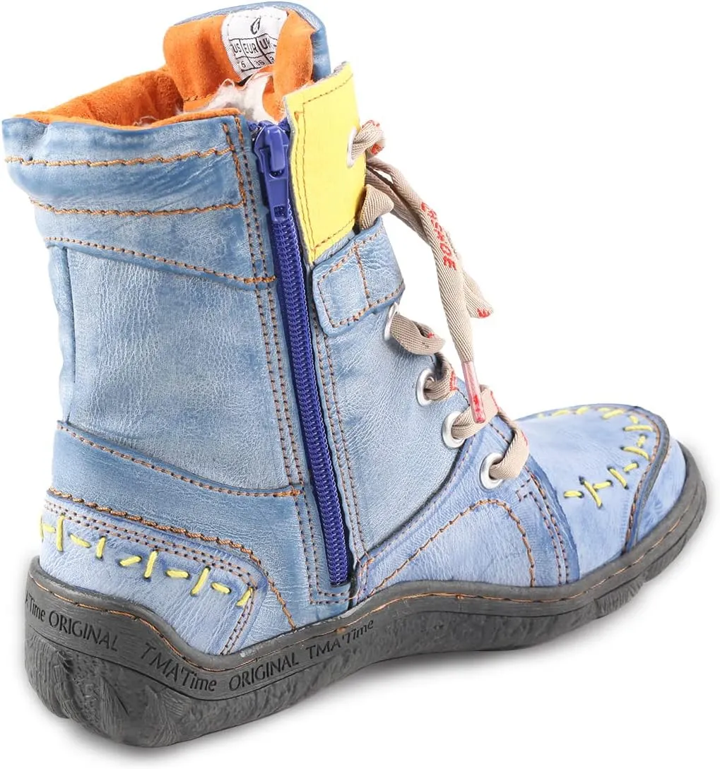 Women's Ankle Boots PU and Leather Patchwork with Handstitching Upper Lace-Up Mid-calf Boots