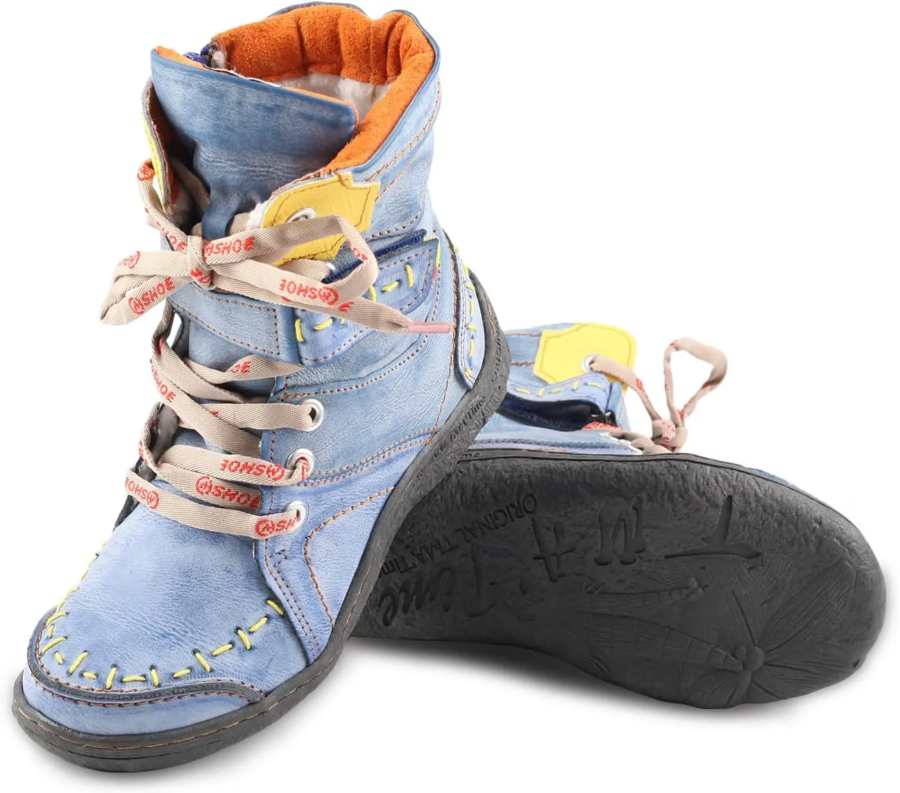 Women's Ankle Boots PU and Leather Patchwork with Handstitching Upper Lace-Up Mid-calf Boots