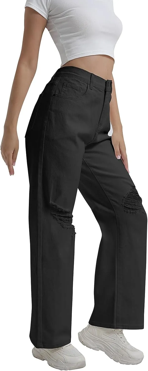 Women’s Baggy Wide Leg Distressed High Waisted Boyfriend Jeans Loose Denim Pant