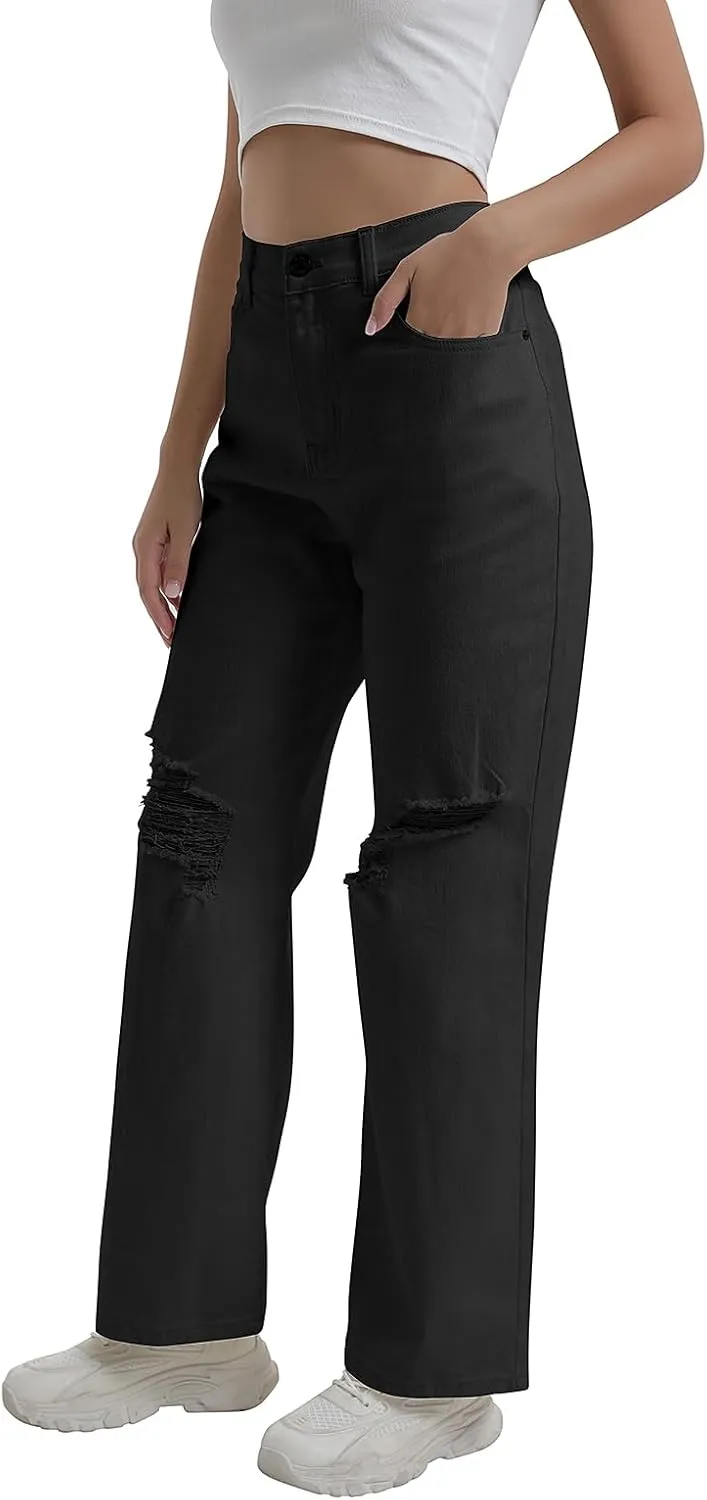 Women’s Baggy Wide Leg Distressed High Waisted Boyfriend Jeans Loose Denim Pant