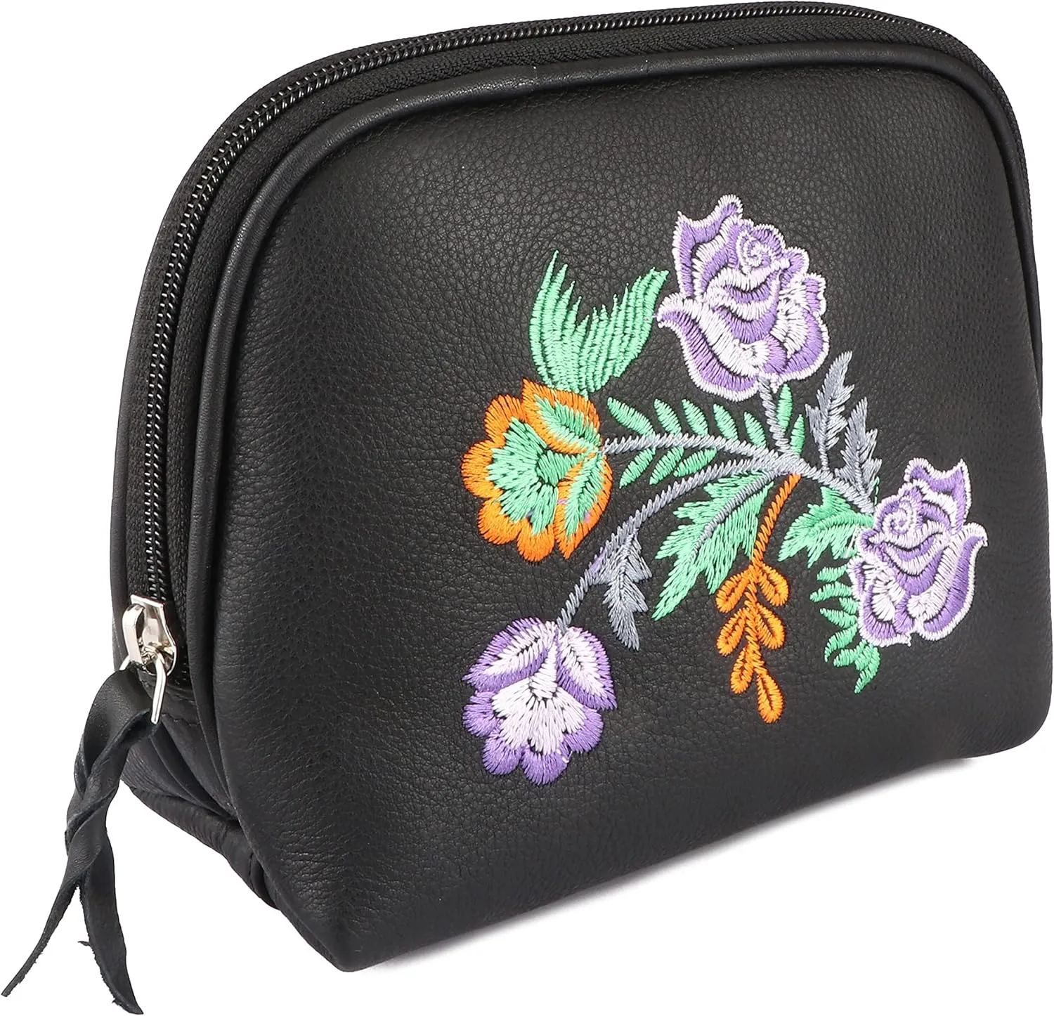 Women's Black Leather Floral Embroidered Zippered Makeup Cosmetic Bag 18BT04BK