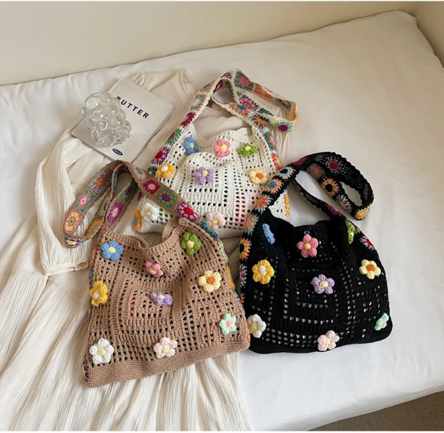 Women's Boho Embroidery Crossbody Bag Hollow Out Crochet Knit Shoulder Bag Knited Bag Handbag Summer Beach Tote