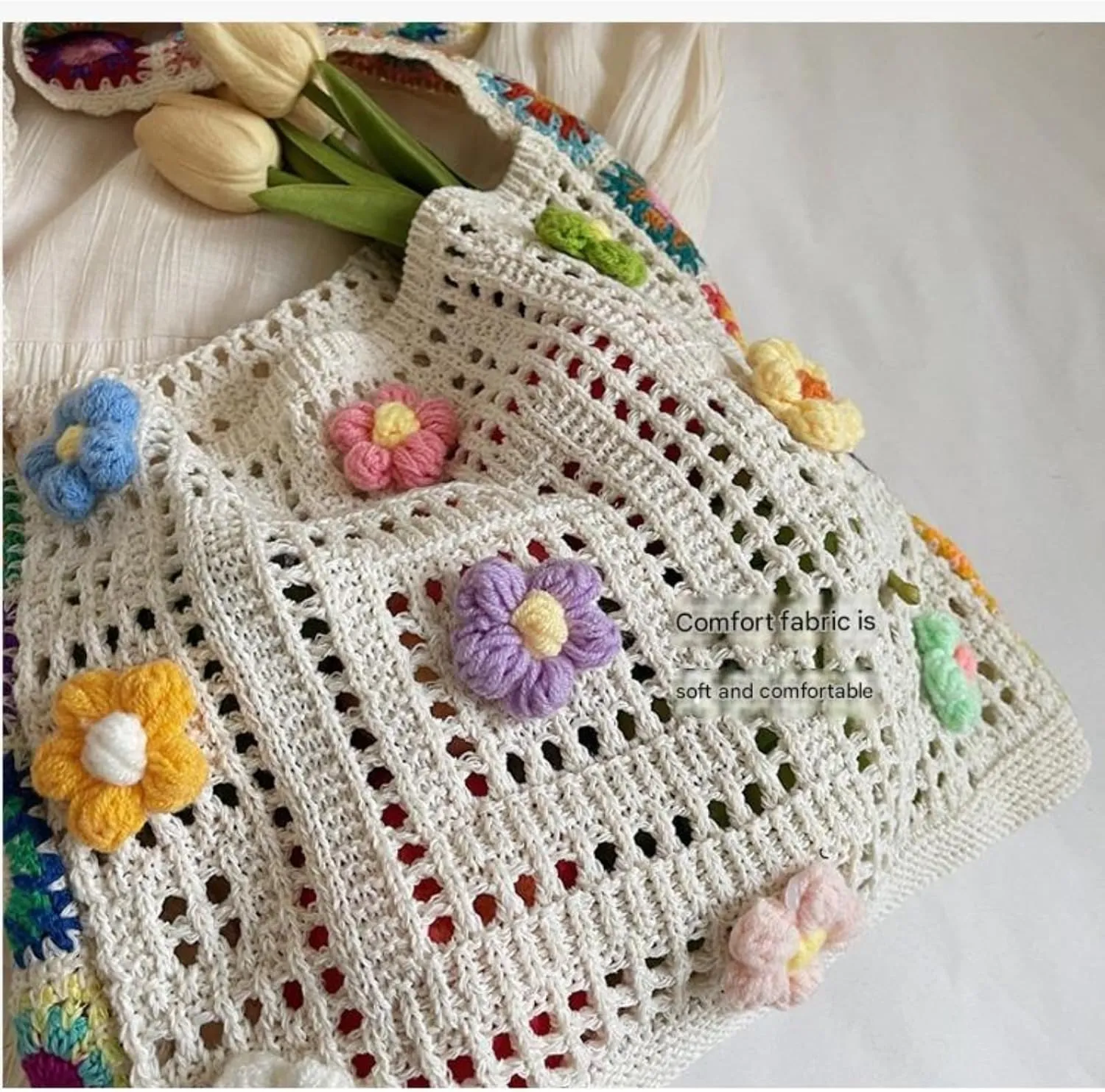 Women's Boho Embroidery Crossbody Bag Hollow Out Crochet Knit Shoulder Bag Knited Bag Handbag Summer Beach Tote