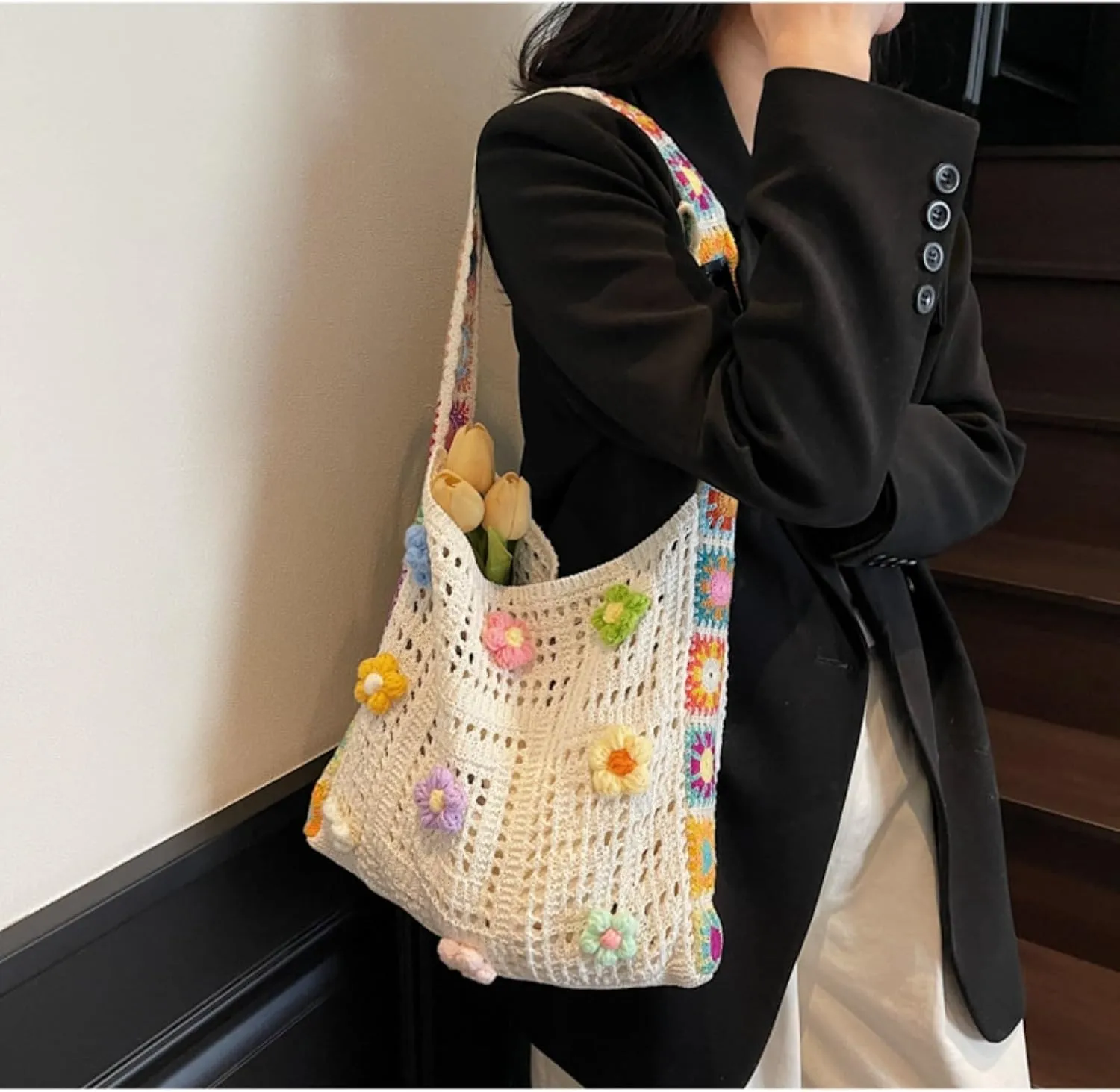 Women's Boho Embroidery Crossbody Bag Hollow Out Crochet Knit Shoulder Bag Knited Bag Handbag Summer Beach Tote