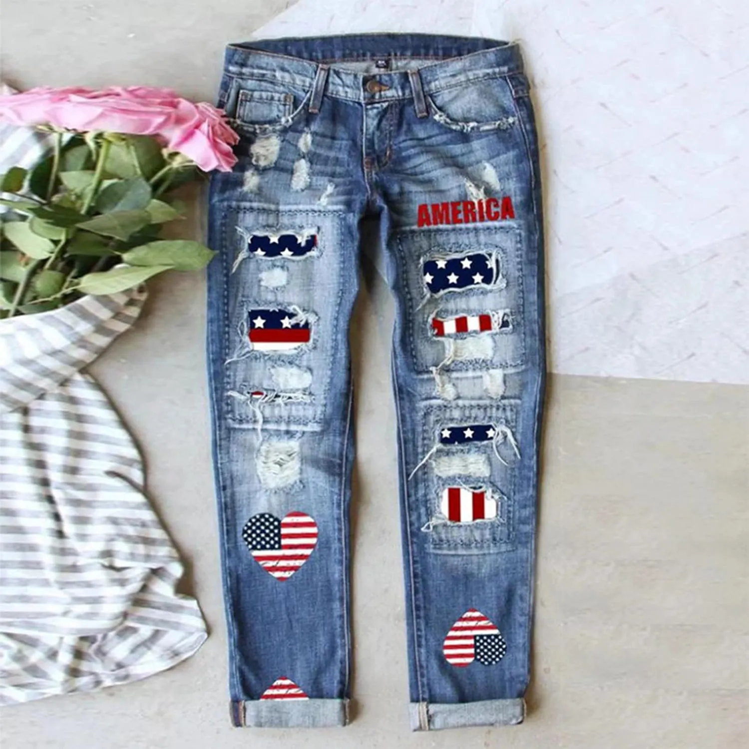 Womens Boyfriend Jeans Stretchy Ripped Distressed Heart American Flag Denim Pants