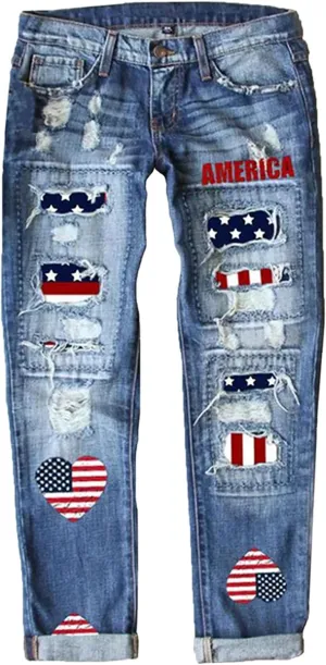 Womens Boyfriend Jeans Stretchy Ripped Distressed Heart American Flag Denim Pants