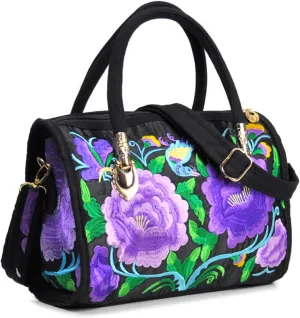 Women's Canvas Top Handle Satchel Bag Flower Embroidery Crossbody Retro Boston Shoulder Bag Ethnic Handbag and Purse，bag502OWOISS