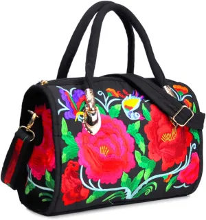 Women's Canvas Top Handle Satchel Bag Flower Embroidery Crossbody Retro Boston Shoulder Bag Ethnic Handbag and Purse，bag512OWOISS