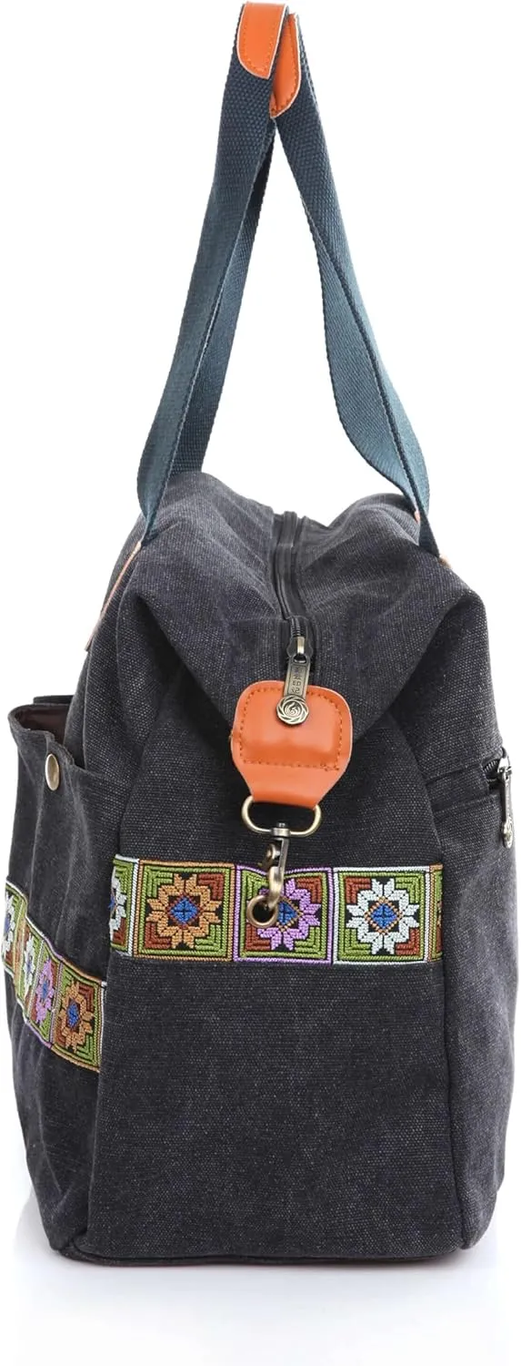 Women’s Canvas Vintage Boho Embroidery Crossbody Shoulder Handbag With Multi Pockets