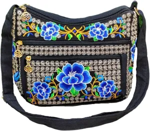 Women's canvas vintage handicraft embroidery cross bag, women's multi pocket purse small shoulder bag handbag