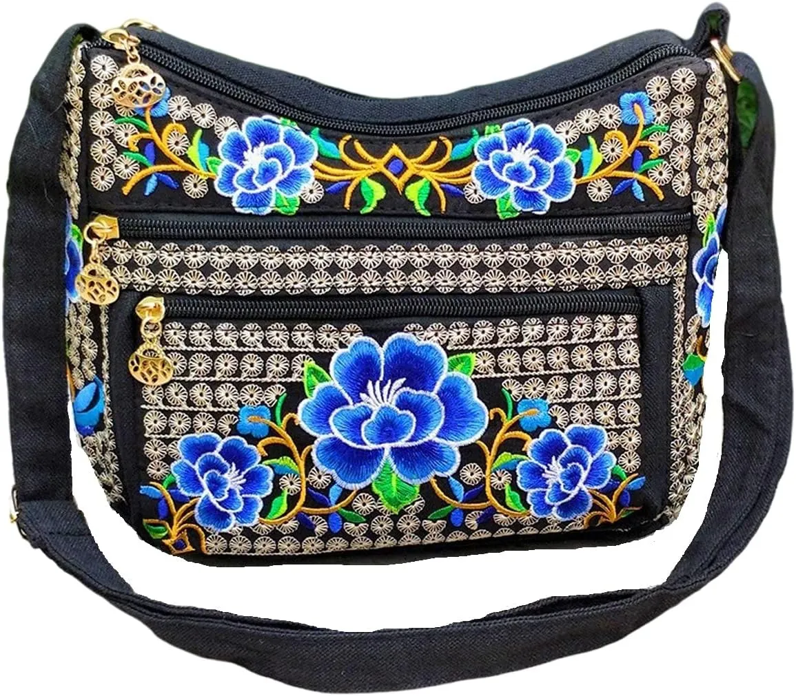 Women's canvas vintage handicraft embroidery cross bag, women's multi pocket purse small shoulder bag handbag