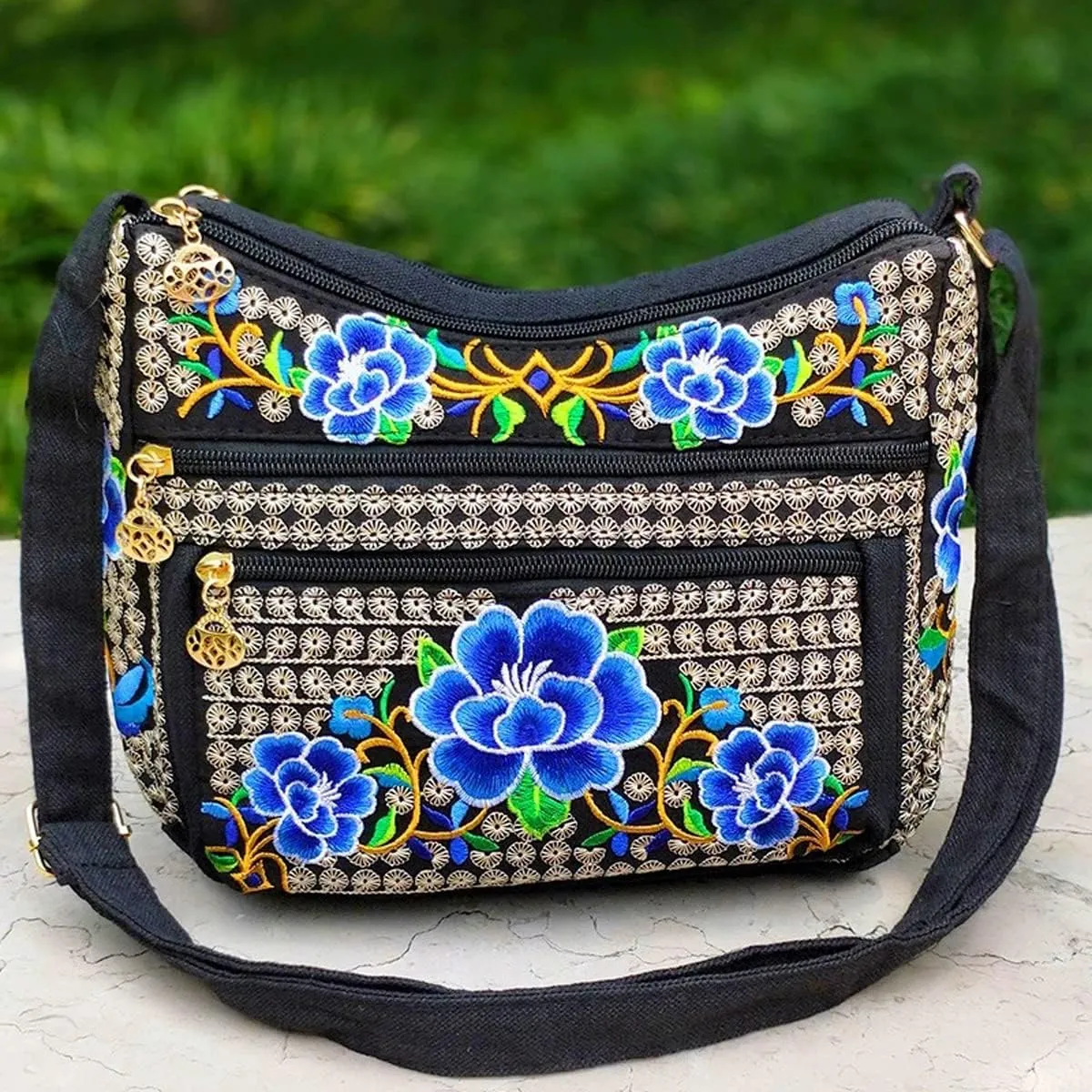 Women's canvas vintage handicraft embroidery cross bag, women's multi pocket purse small shoulder bag handbag