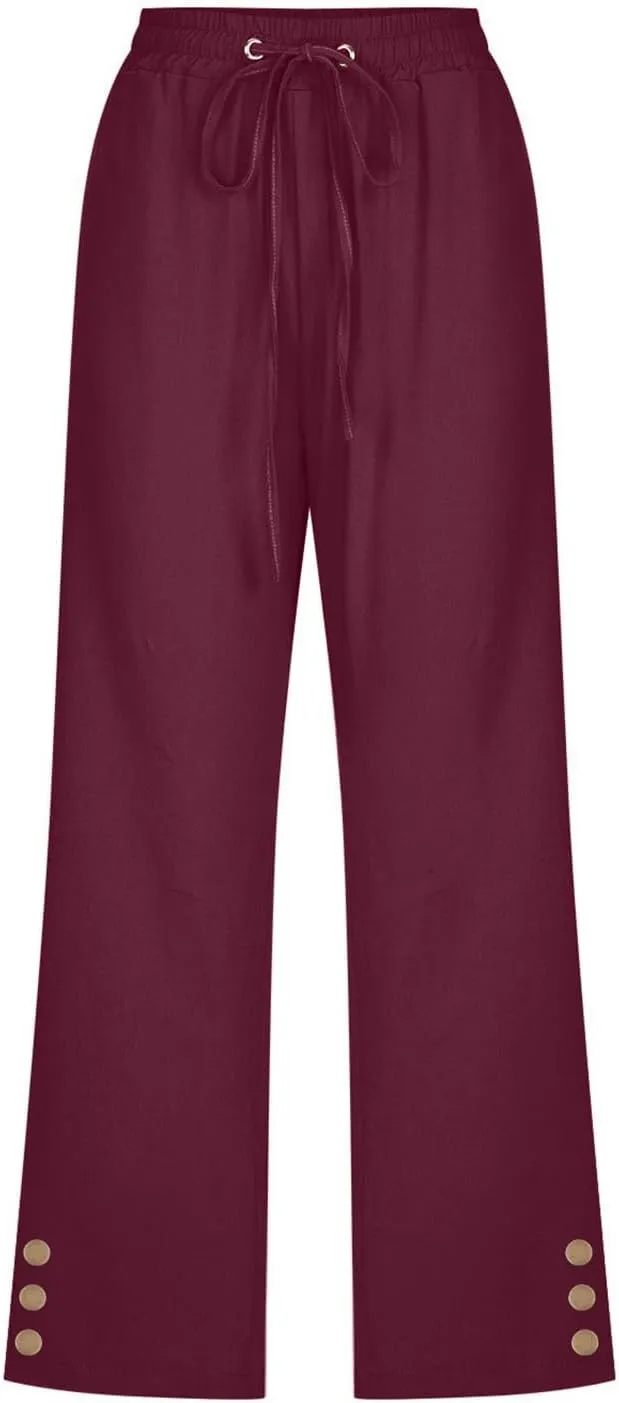 Womens Capris Pants High Waist Drawstring Comfy Casual Pants Lightweight Loose Trousers Buttons Trim with Pockets