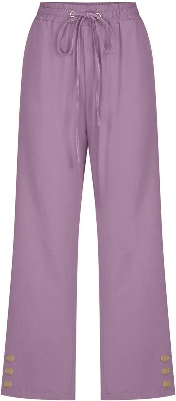 Womens Capris Pants High Waist Drawstring Comfy Casual Pants Lightweight Loose Trousers Buttons Trim with Pockets