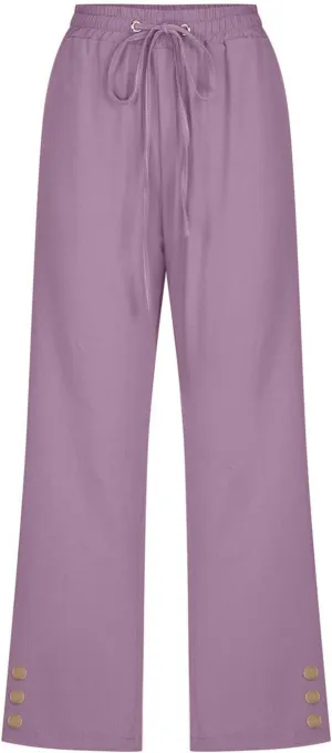 Womens Capris Pants High Waist Drawstring Comfy Casual Pants Lightweight Loose Trousers Buttons Trim with Pockets