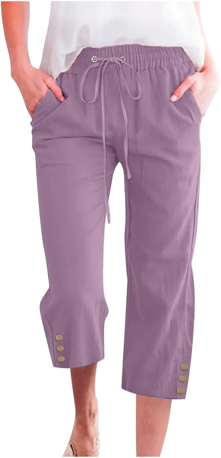 Womens Capris Pants High Waist Drawstring Comfy Casual Pants Lightweight Loose Trousers Buttons Trim with Pockets