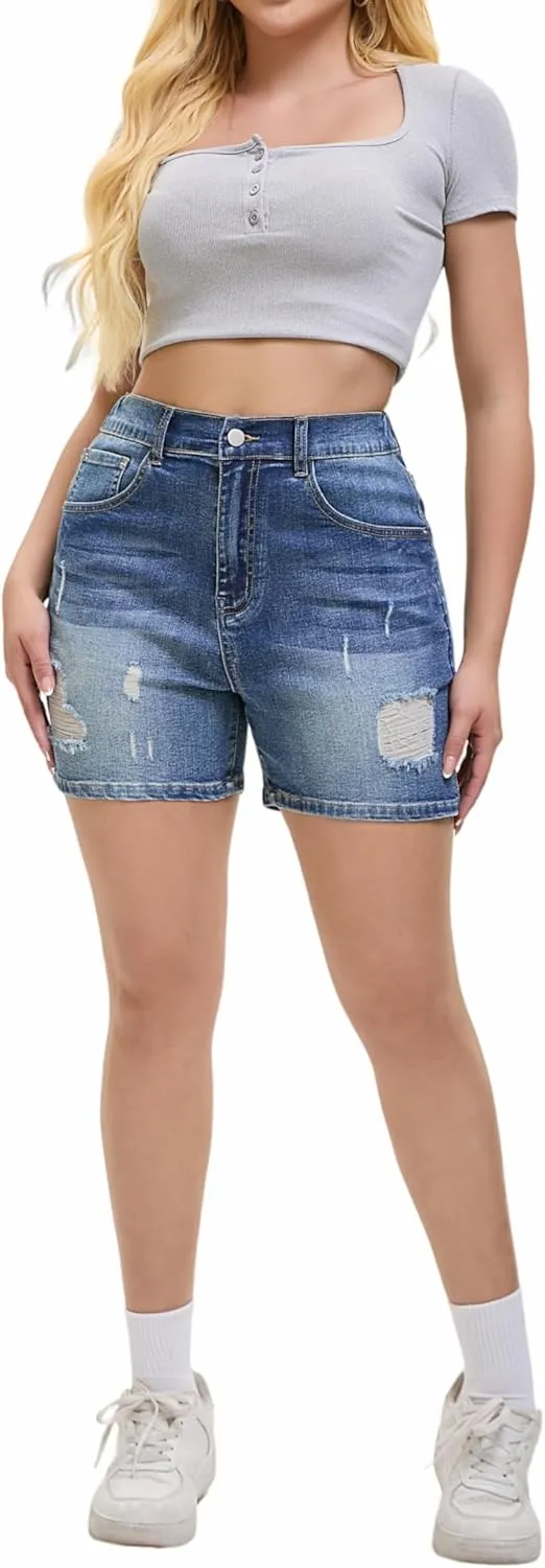 Women's Casual Denim Ripped Jean Short Summer Bermuda Butt Lifting Brazilian Raw Hem Distressed Cut Off Shorts