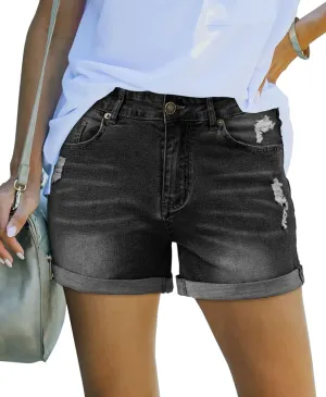 Womens Casual Stretch Denim Jean Shorts with Button Pockets for Summer