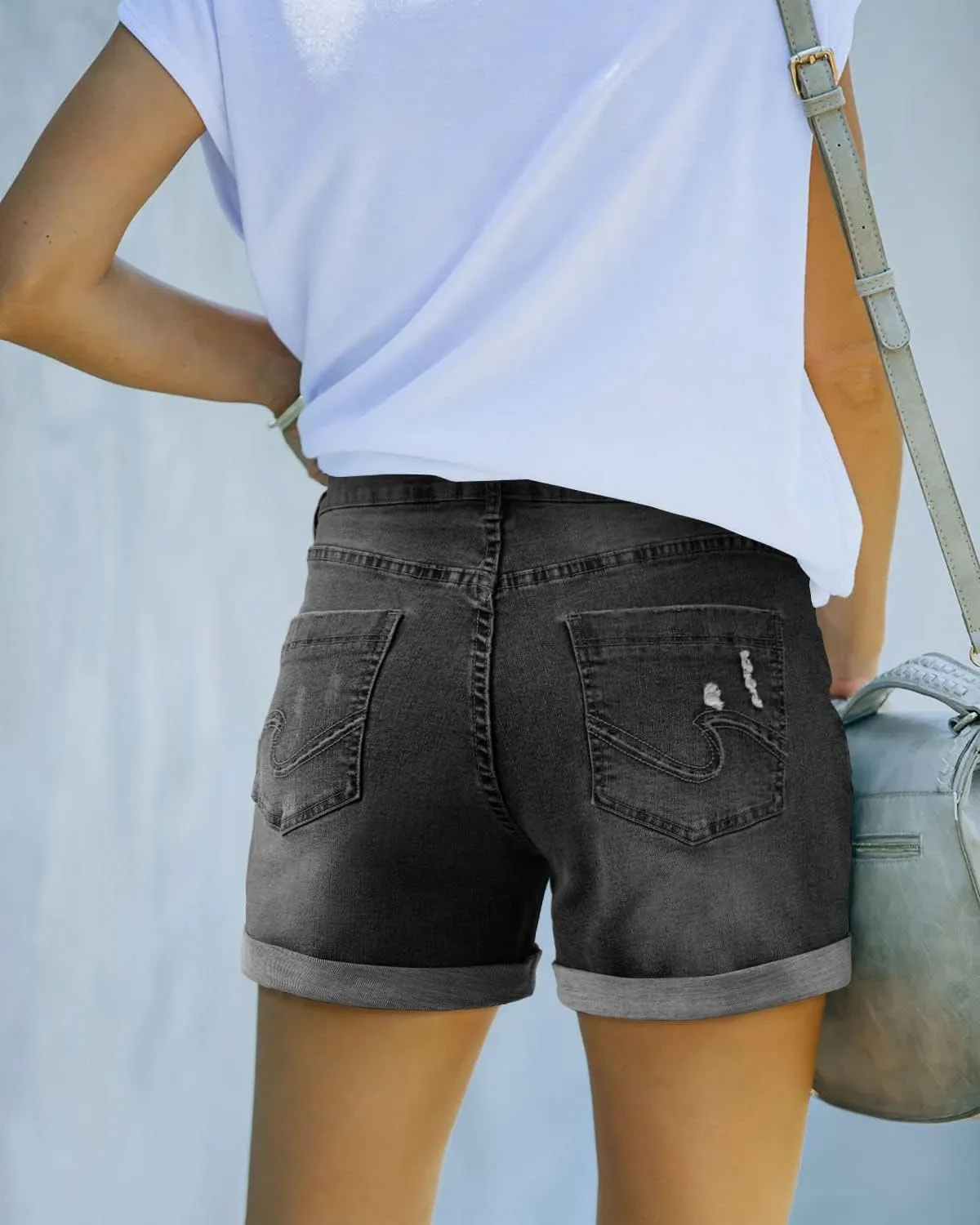 Womens Casual Stretch Denim Jean Shorts with Button Pockets for Summer