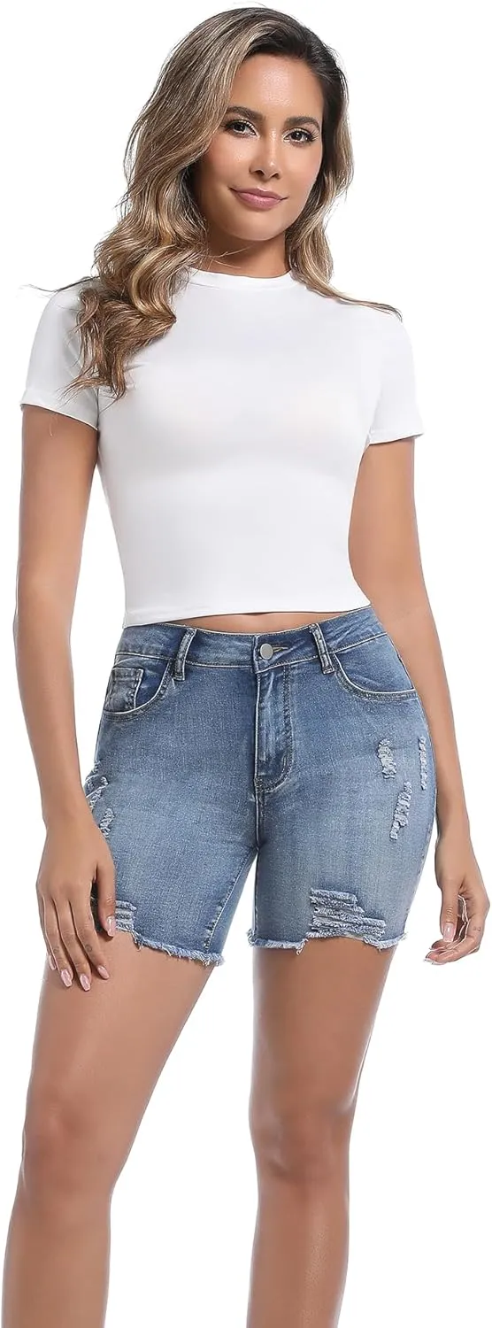 Women’s Casual Summer Ripped High Waisted Denim Shorts Stretch Distressed Frayed Raw Hem Jean Shorts