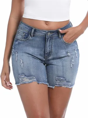 Women’s Casual Summer Ripped High Waisted Denim Shorts Stretch Distressed Frayed Raw Hem Jean Shorts