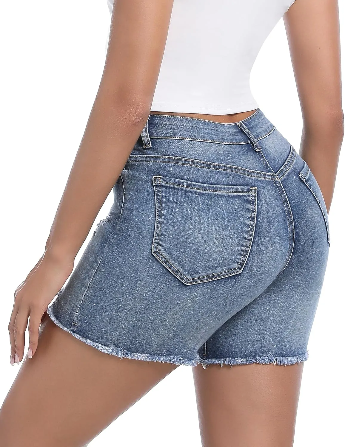 Women’s Casual Summer Ripped High Waisted Denim Shorts Stretch Distressed Frayed Raw Hem Jean Shorts