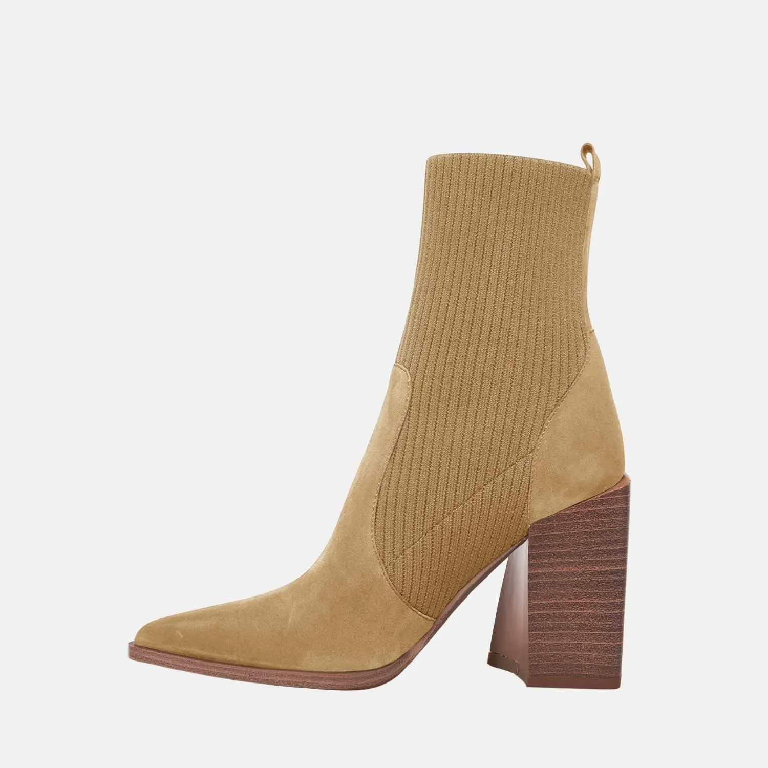 Womens Chunky Stacked Heel Ankle Boots Pointed Toe Booties Slip On Ribbed Knit Sock Boot