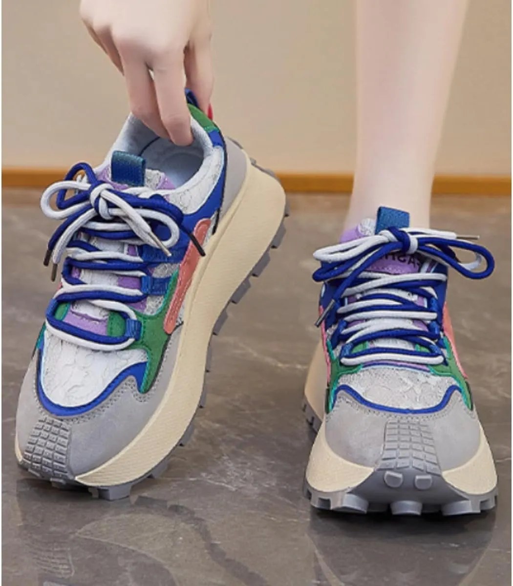 Women's Colorful Chunky Dad Sneakers Y2K Platform Trail Runners with Lace Detail & Two-Tone Shoelaces Harajuku Fashion Multi-Color Retro Streetwear Shoes
