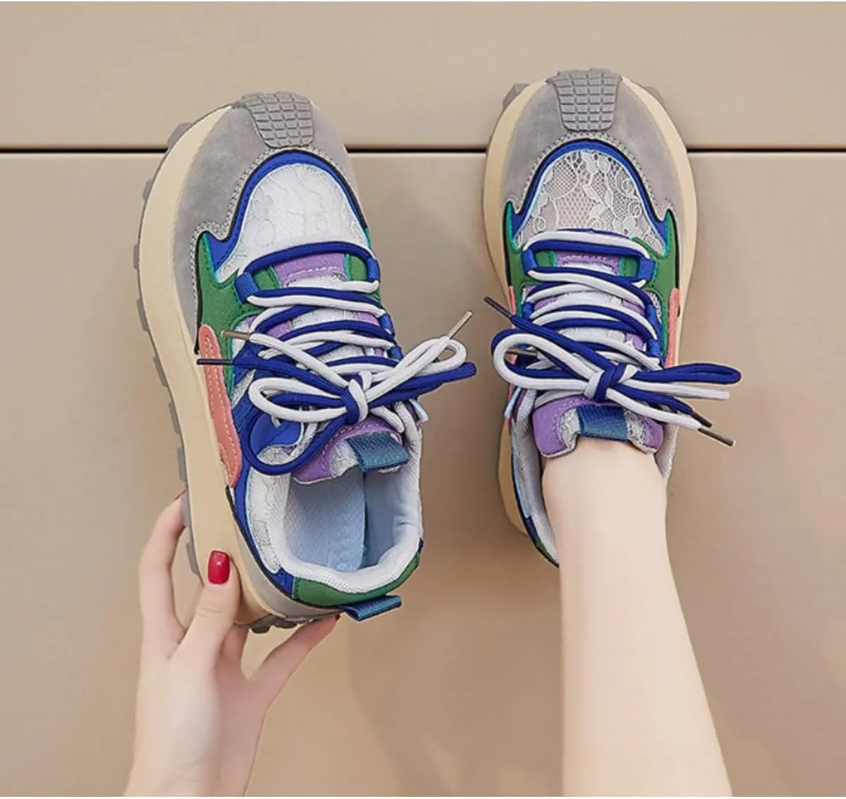 Women's Colorful Chunky Dad Sneakers Y2K Platform Trail Runners with Lace Detail & Two-Tone Shoelaces Harajuku Fashion Multi-Color Retro Streetwear Shoes