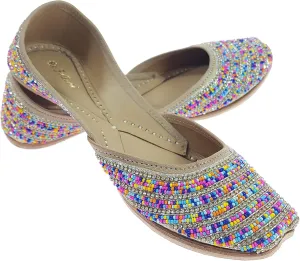 Women's Colors Beads Genuine Soft Leather Juttis | Bite and Pinch Free Jutis | Ladies Punjabi Jutti | Wedding Flat Stylish Mojari | Bridal Ethnic Flats For Girls |