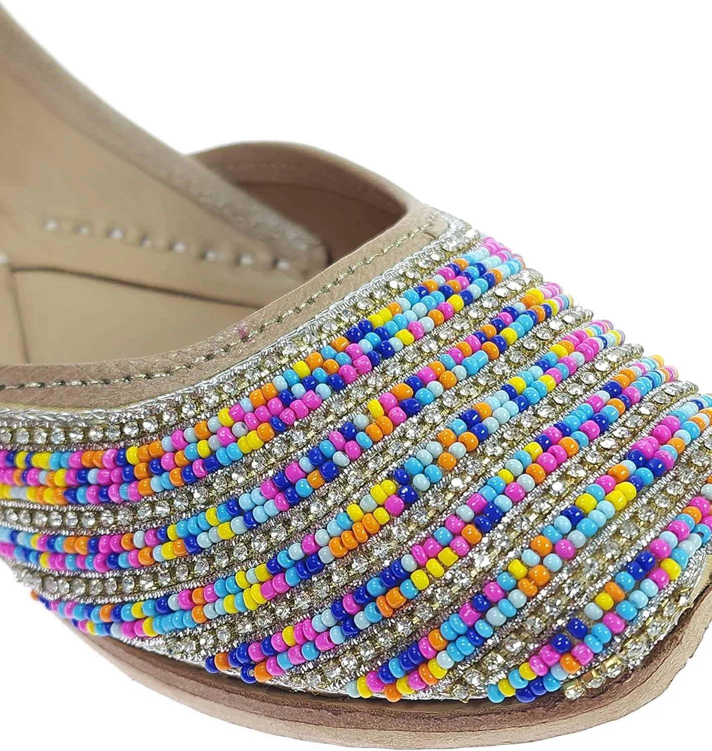 Women's Colors Beads Genuine Soft Leather Juttis | Bite and Pinch Free Jutis | Ladies Punjabi Jutti | Wedding Flat Stylish Mojari | Bridal Ethnic Flats For Girls |