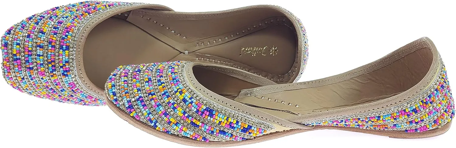 Women's Colors Beads Genuine Soft Leather Juttis | Bite and Pinch Free Jutis | Ladies Punjabi Jutti | Wedding Flat Stylish Mojari | Bridal Ethnic Flats For Girls |