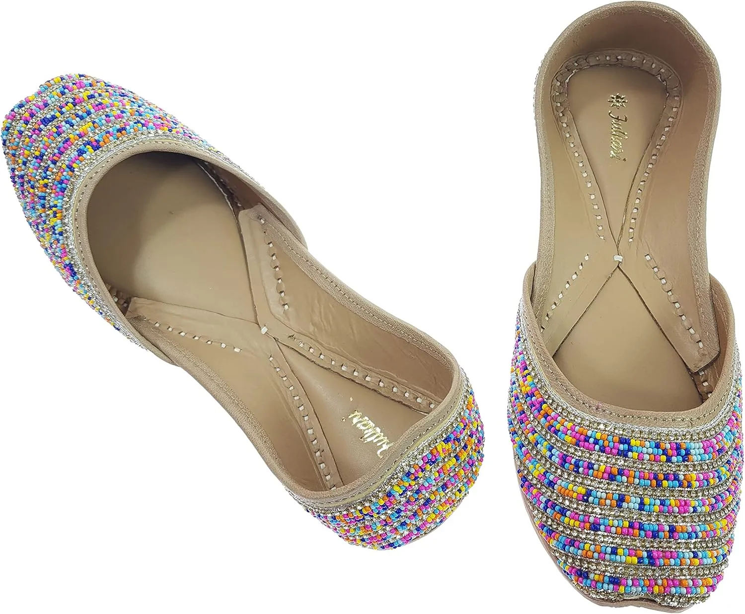 Women's Colors Beads Genuine Soft Leather Juttis | Bite and Pinch Free Jutis | Ladies Punjabi Jutti | Wedding Flat Stylish Mojari | Bridal Ethnic Flats For Girls |