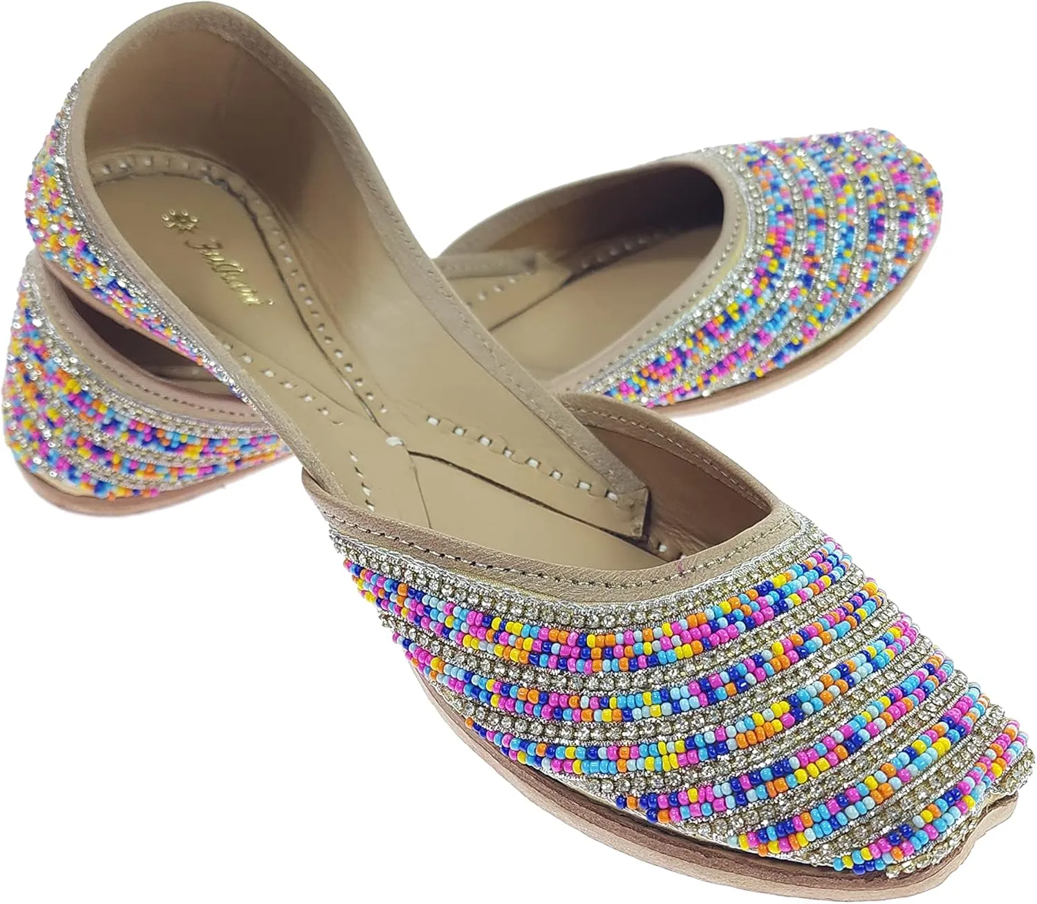 Women's Colors Beads Genuine Soft Leather Juttis | Bite and Pinch Free Jutis | Ladies Punjabi Jutti | Wedding Flat Stylish Mojari | Bridal Ethnic Flats For Girls |